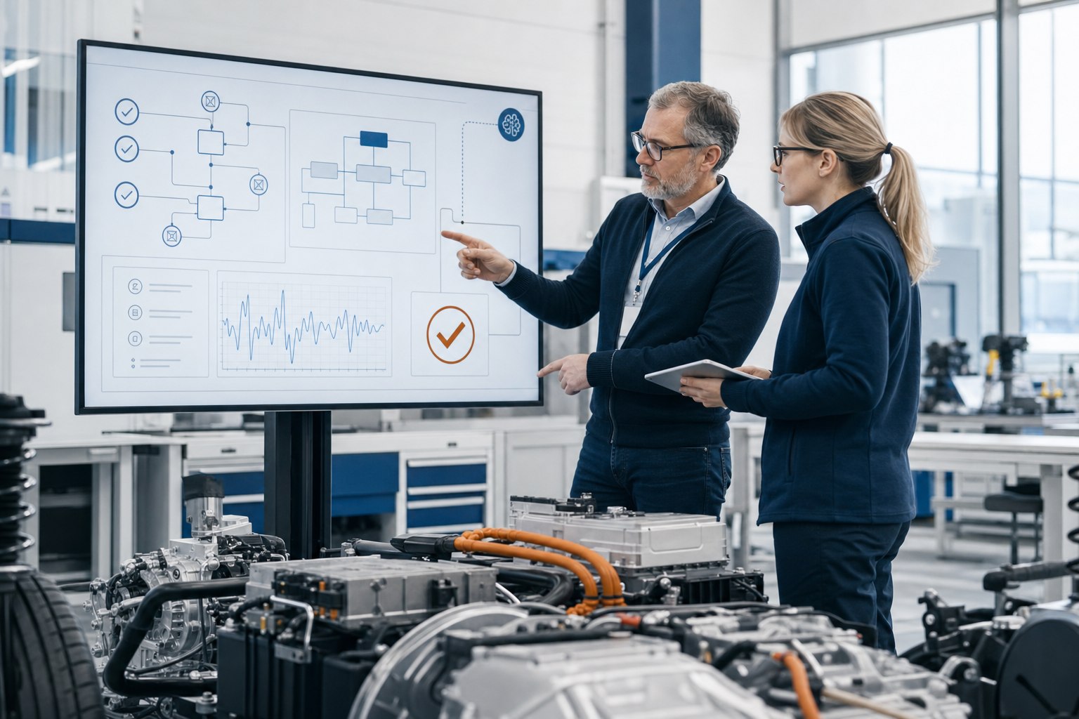 Automotive systems and verification engineers reviewing linked requirements, architecture, test evidence and an approval gate in a vehicle engineering laboratory