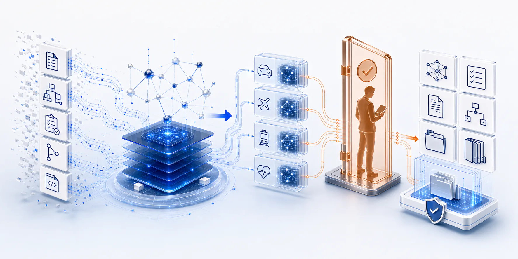 Controlled engineering context flowing through specialist execution and accountable human approval to traceable outcomes