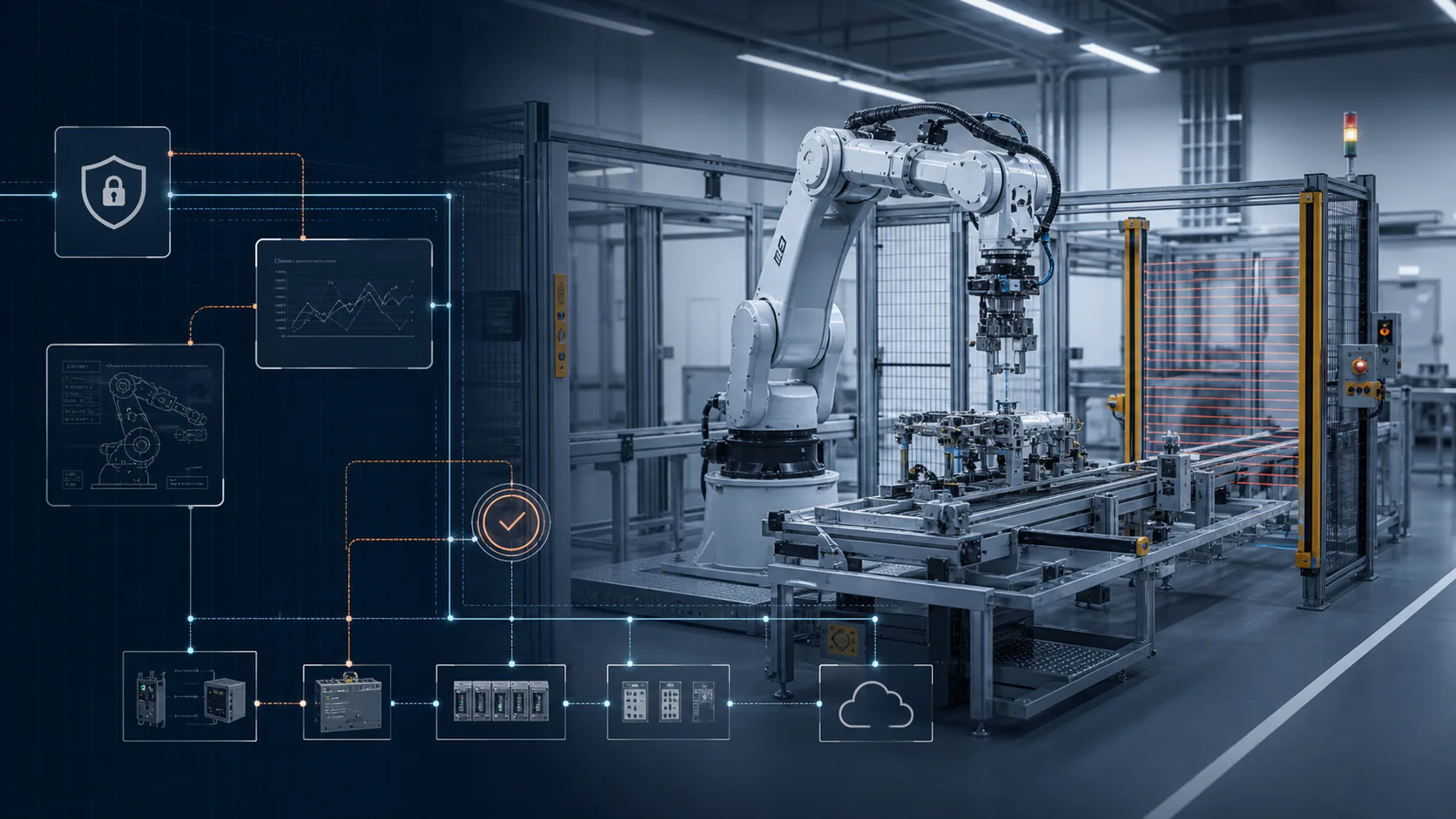 Guarded industrial robot cell connected to PLC control, functional safety, cybersecurity and commissioning evidence