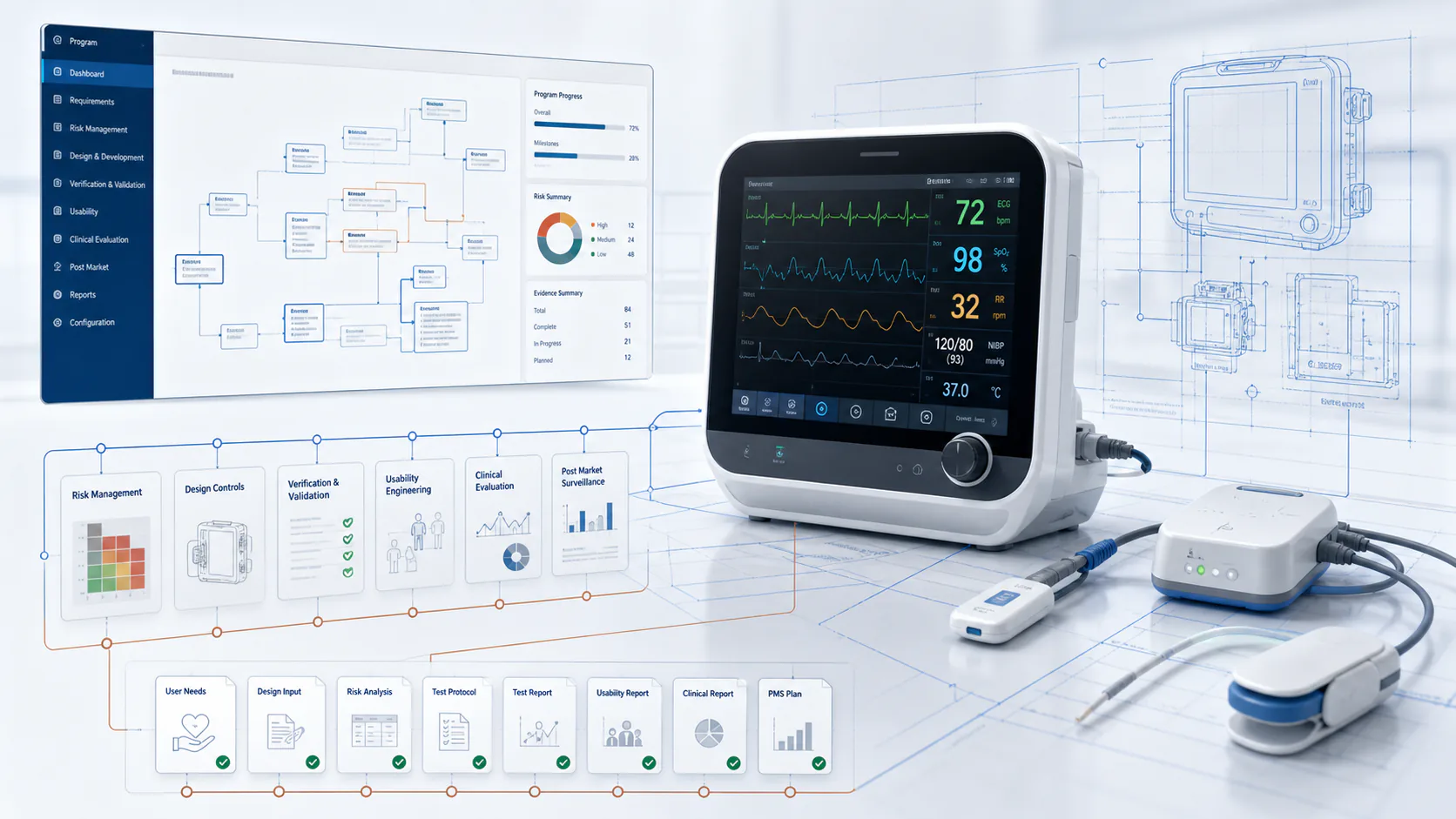 Connected medical monitoring device with design controls, risk management, usability, verification and lifecycle evidence