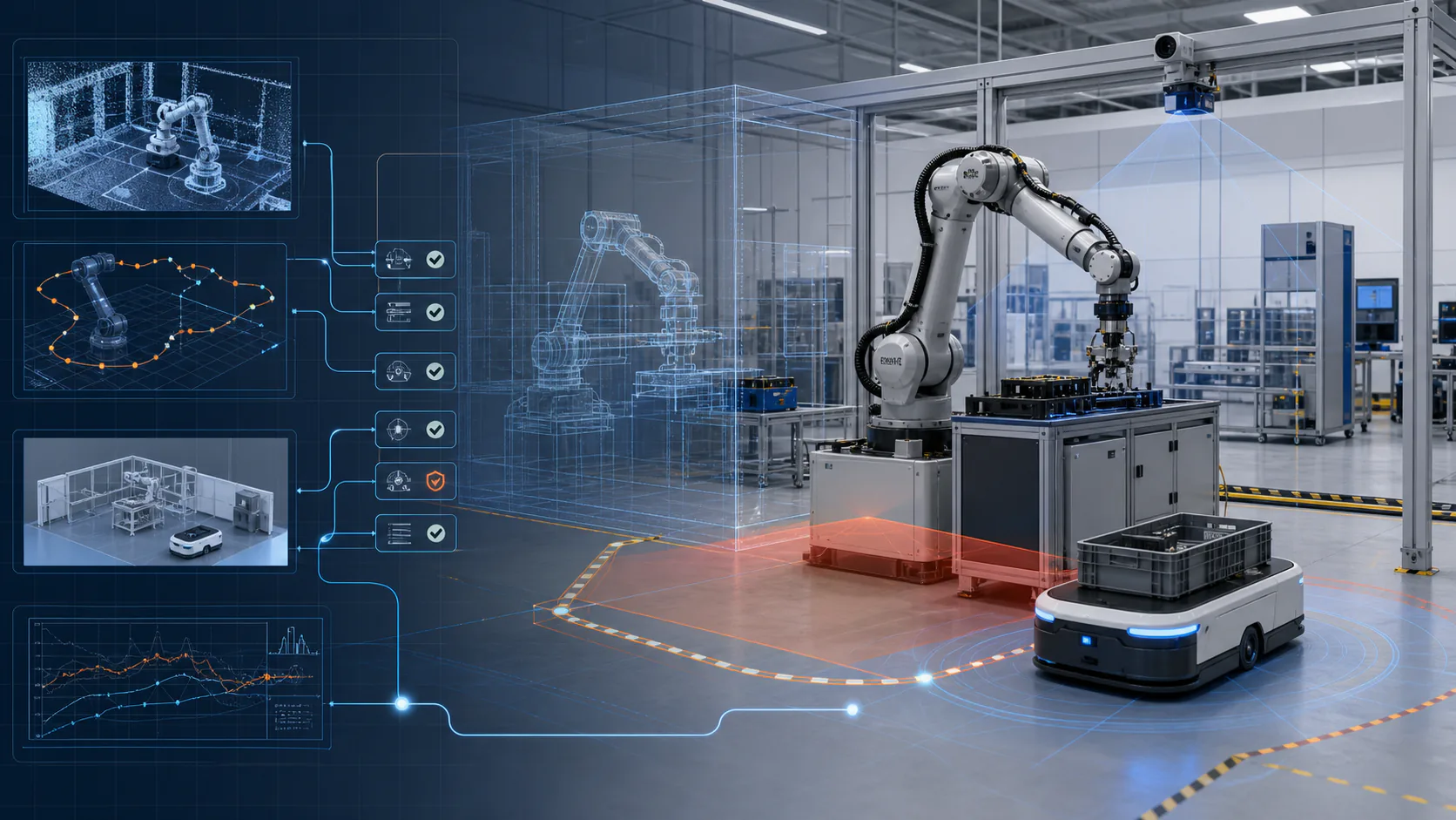 Physical AI robotics validation cell connecting perception, motion planning, safety constraints, digital twin and real-world evidence