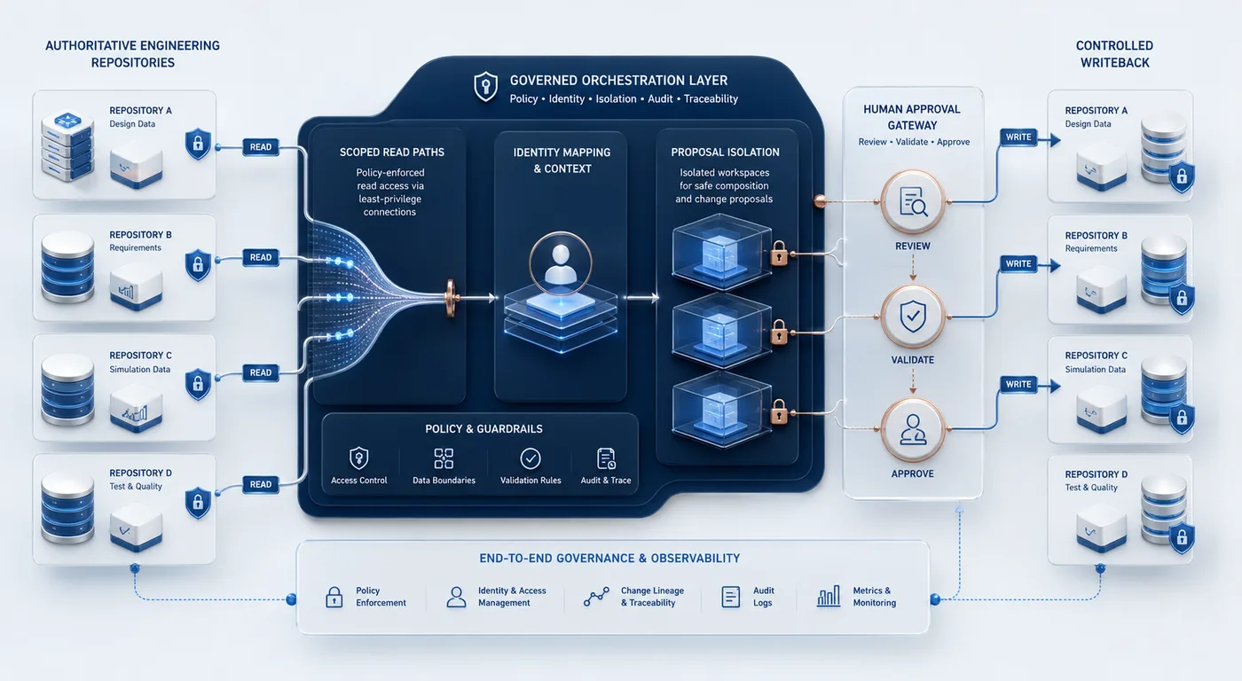 Authoritative engineering repositories connected through governed orchestration, human approval and controlled writeback